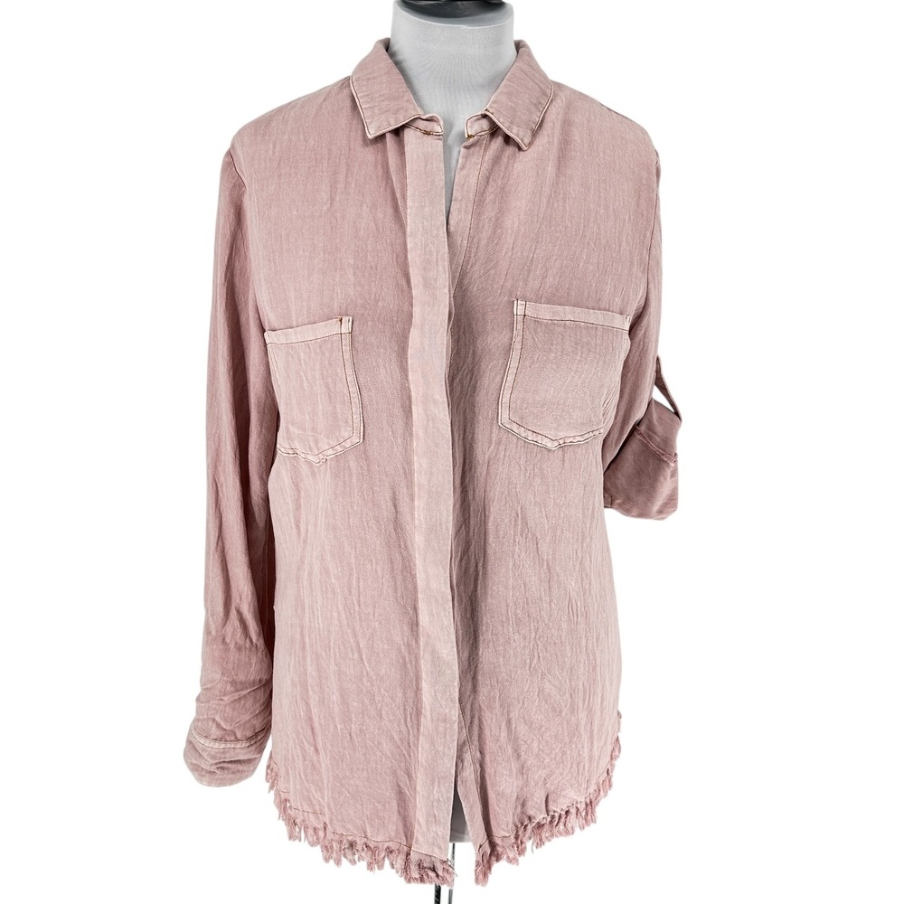 Umgee Frayed Hem Split Back Tunic Top Roll Tab‎ Sleeve Pockets Casual Shirt SZ M